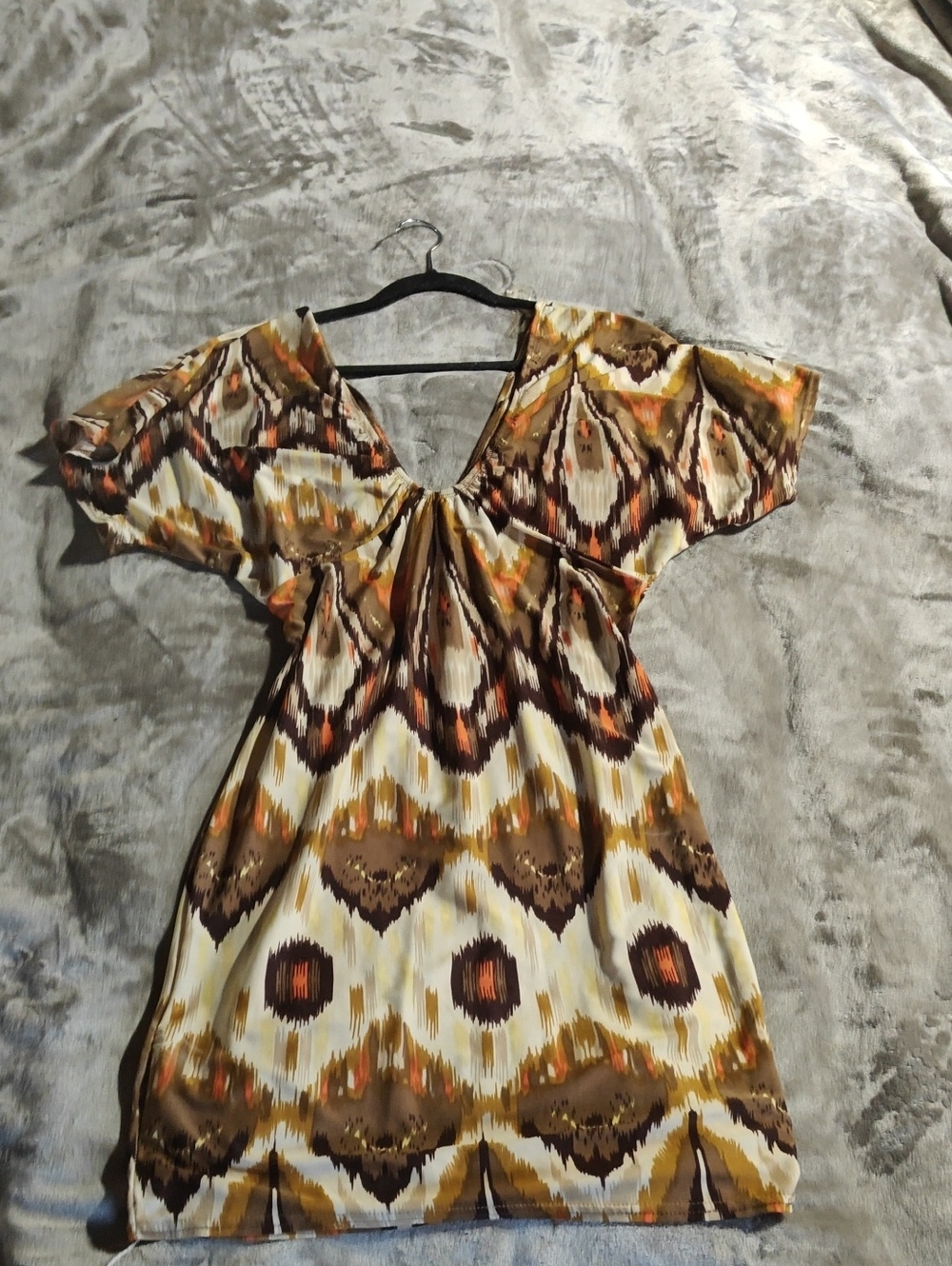 Ikat-Print Mini Dress in Cream, Brown & Mustard